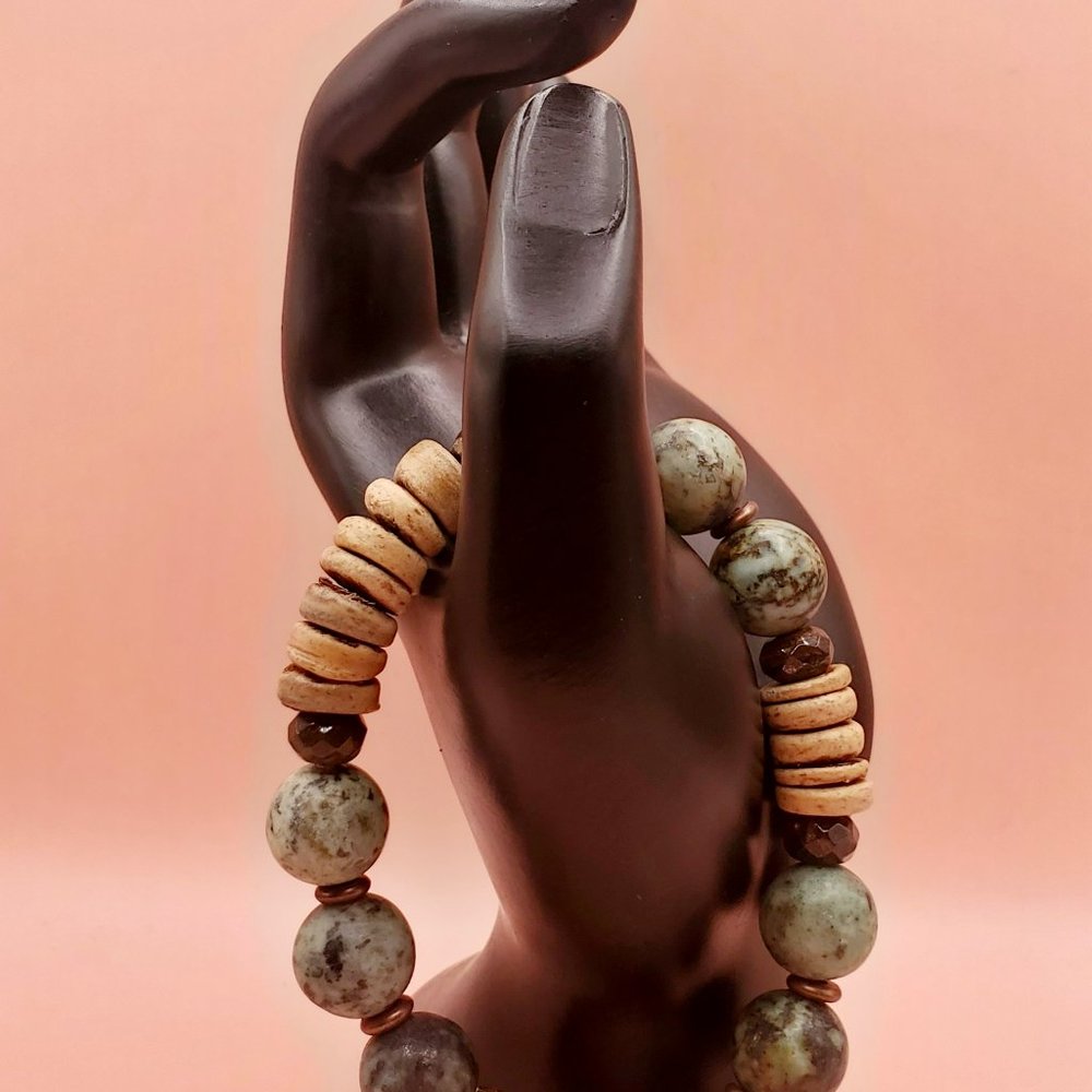 African Turquoise, Bronzite, Copper and Coconut Husk Beads Bracelet - Picture 2 of 5